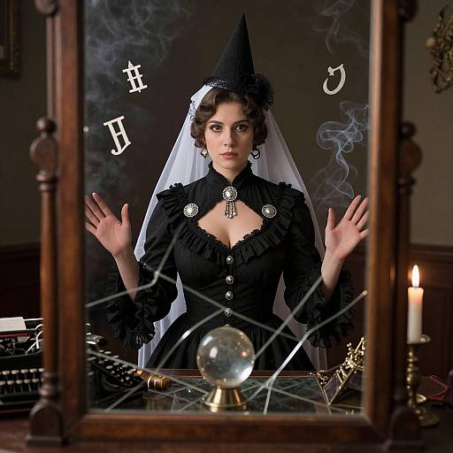 Photograph of a Victorian woman in black dress and veil, hands on glass, smoke, candles, typewriter, globe, and mirror, with mystical