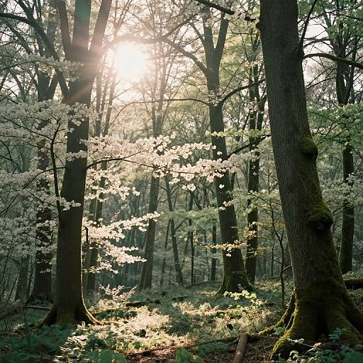 Photograph of a sunlit forest with sunlight streaming through tall trees, white blossoms on branches, and dappled light on forest floor.