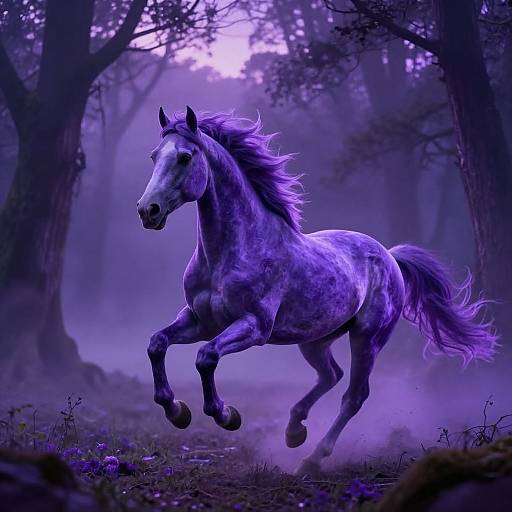 A dynamic, purple-lit photograph of a galloping, dappled white horse with a flowing mane in a misty, dark forest.