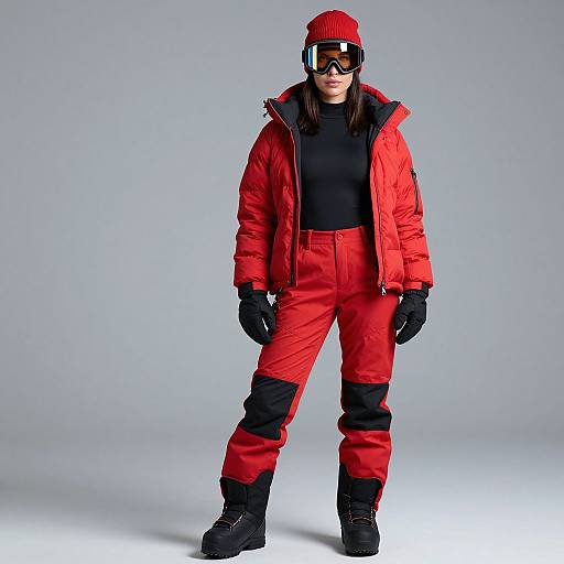 Photograph of a woman in a red beanie, black top, and red puffer jacket and pants, black gloves and boots, standing against a