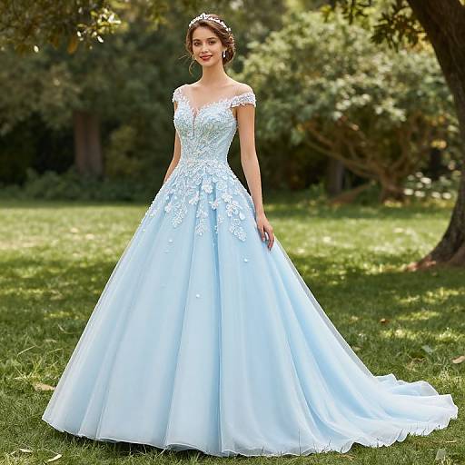 Photograph of a smiling bride in a white lace, off-shoulder, ballgown wedding dress with floral embroidery, standing on a sunlit