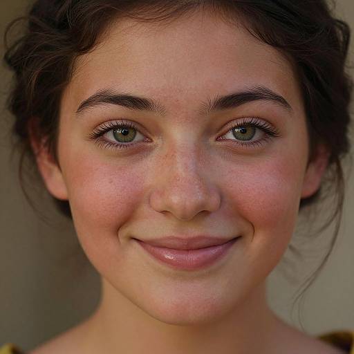 Close-up photograph of a young woman with fair skin, green eyes, dark brown wavy hair, and a gentle smile, showing freckles and