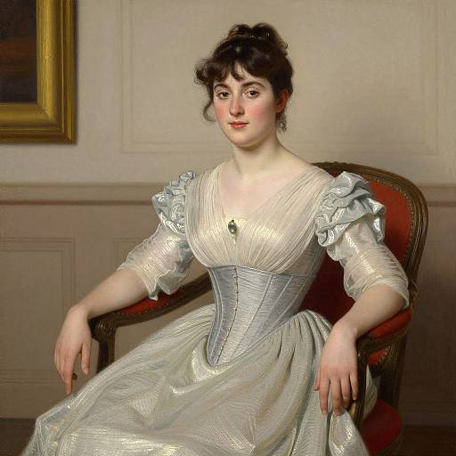 Photorealistic digital painting of a pale-skinned woman with dark hair in an 19th-century silver satin dress with ruffled shoulders, seated in