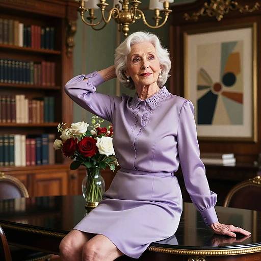 Photograph of an elderly white woman with short white hair, wearing a lavender dress, seated on a wooden table in a library with bookshelves,