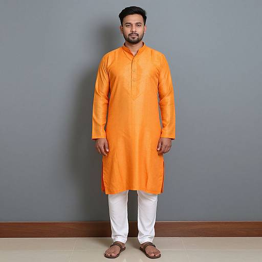 Photograph of a South Asian man with short black hair and beard, wearing an orange kurta, white pants, and brown sandals, standing against a