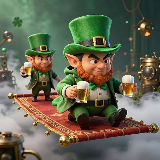 CGI image of two cheerful, bearded leprechauns with green hats and coats, sitting on a red rug, holding frothy beers,