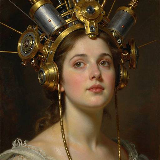 Digital painting of a fair-skinned woman with brown hair, wearing a steampunk-style metallic headpiece with gears and cylinders, against a dark background