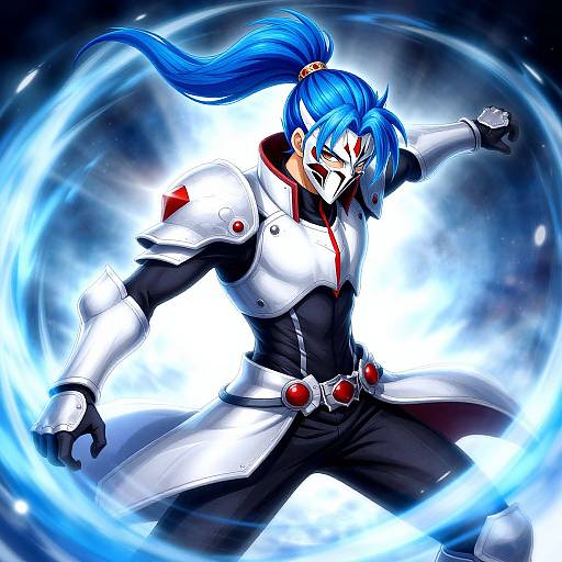 Digital anime-style illustration of a blue-haired, muscular character with a high ponytail, wearing a white and black armored outfit, surrounded by swirling blue energy