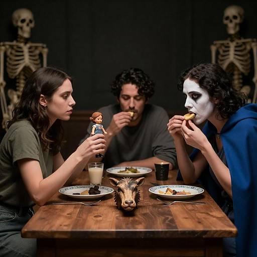 Intense Gathering at a Wooden Table