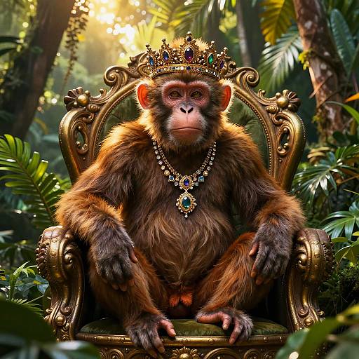 Photorealistic digital art of a brown-furred monkey with a golden crown and ornate necklace, sitting regally on an elaborate throne in a lush