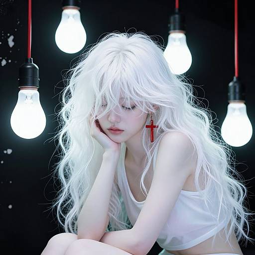 Photograph-style digital art of a pale, white-haired woman with red cross earring, wearing a white tank top, sitting under glowing light bulbs against