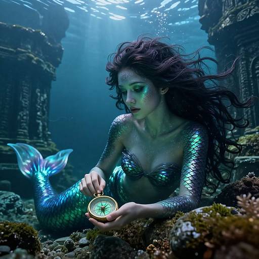 Photorealistic CGI of a blue-green mermaid with flowing dark hair, examining a glowing compass underwater, surrounded by ancient, sunlit ruins.