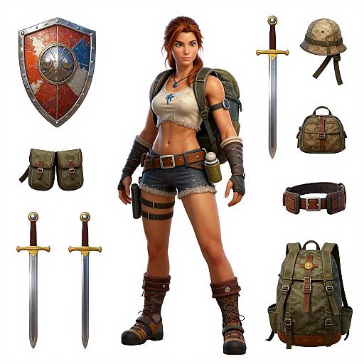 Digital illustration of a muscular, red-haired warrior woman with tan skin, wearing a white crop top, denim shorts, and boots. Surrounding her are
