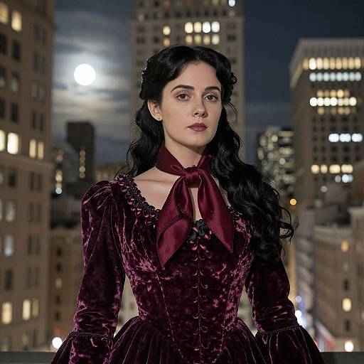 Photograph of a woman with long black hair in a Victorian-style, deep purple velvet dress with a maroon scarf, standing in a nighttime cityscape
