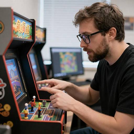 Focused Man Points at Miniature Arcade Game