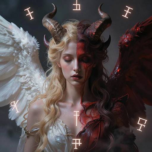 Digital art of a split-faced demon angel with white wings, red and black horns, and blood-red and white skin, surrounded by white crosses.