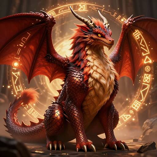 Digital artwork of a majestic, red-scaled dragon with glowing yellow eyes, large wings, and intricate runes circling behind it. The dragon's fiery