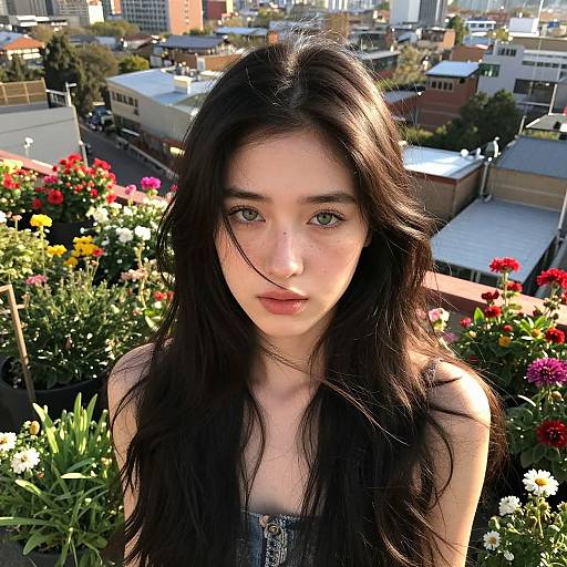 Photograph of a young woman with long, dark brown hair, green eyes, and fair skin, standing among colorful flower pots in a rooftop garden,