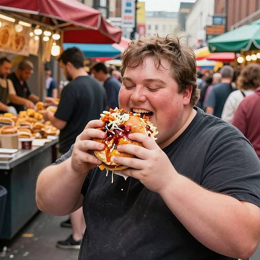 Photograph of a smiling, chubby, fair-skinned man with short brown hair, wearing a black t-shirt, joyfully eating a messy burger at