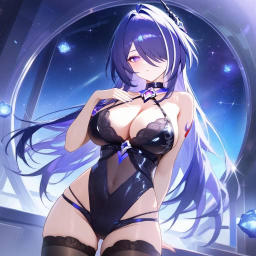 Anime Girl in Black Lingerie with Purple Hair