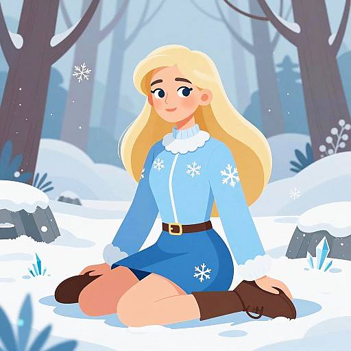 Young Woman in Snowy Winter Forest