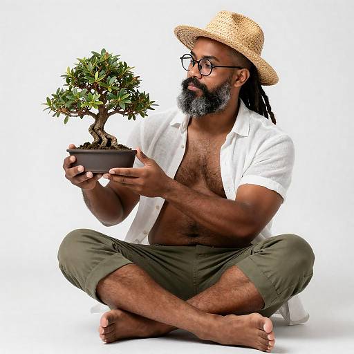 Mature Dreadlocked Man with Bonsai