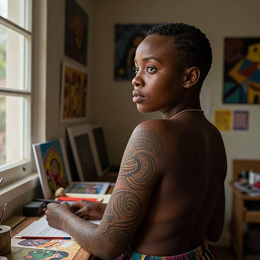 Photograph of a topless, dark-skinned man with intricate arm tattoos, sitting at a desk near a window, looking over his shoulder, surrounded