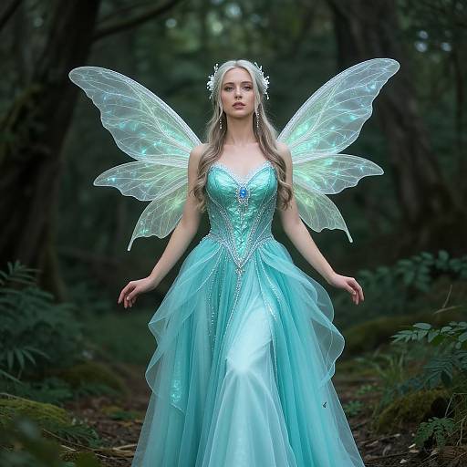 Photograph of a fair-skinned, blonde fairy with glowing turquoise dress, iridescent wings, and floral crown, standing in a dark, moss