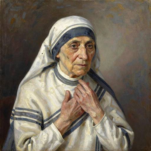 Oil painting of an elderly, wrinkled woman in a white habit with black trim, hands clasped in prayer, solemn expression, dark background.