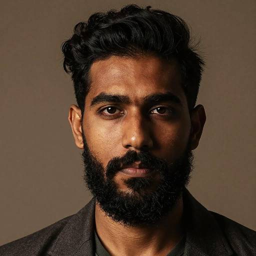 Photograph of a serious-looking, bearded South Asian man with dark hair, brown eyes, and medium brown skin, wearing a dark coat, against