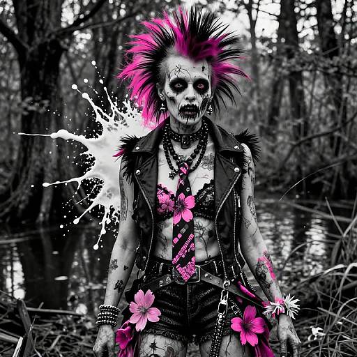 Digital artwork of a punk zombie woman with pink mohawk, black makeup, floral clothes, standing in a dark, splatter-paint forest.