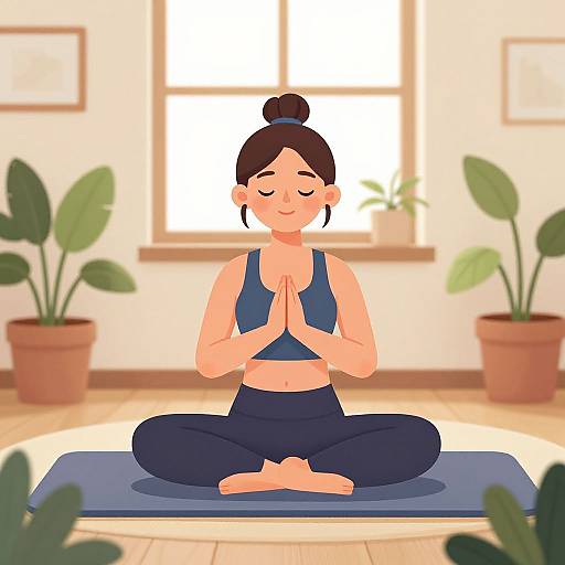 Digital illustration of a smiling woman with brown hair in a bun, wearing a blue sports bra and black leggings, meditating in lotus position on a