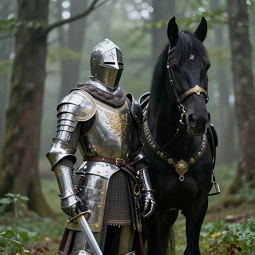 Ornate Medieval Knight with Black Horse