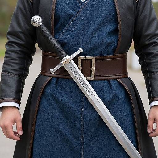 Photograph of a person in a dark blue medieval-style dress with a brown leather belt, black sheath, and ornate silver sword.