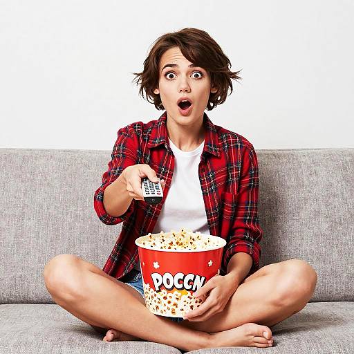Photograph of a surprised woman with short brown hair, wearing a red plaid shirt and white tee, sitting cross-legged on a gray sofa, holding