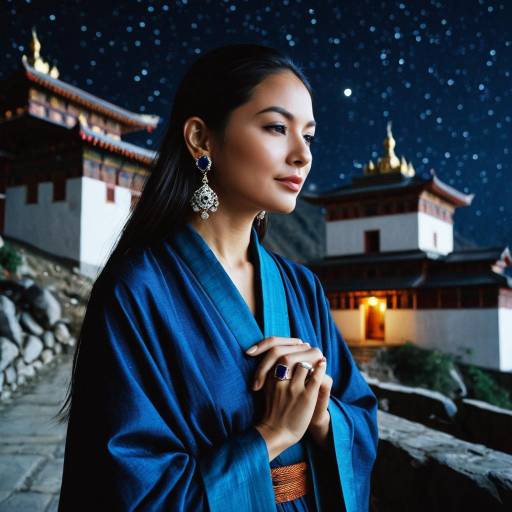Woman in Blue Silk Robe at Himalayan Monastery Night