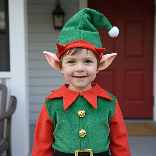 Photograph of a smiling young boy with elf costume, green tunic, red collar, gold buttons, pointy hat, standing in front of red