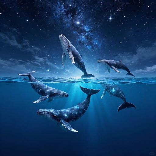 Digital artwork of six whales, including a large humpback, swimming in a luminous blue ocean under a starry, galaxy-filled night sky.