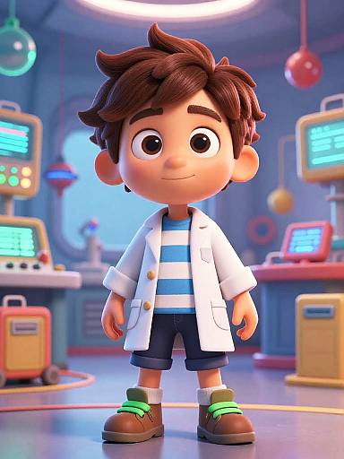 CGI cartoon boy with brown hair, wearing white lab coat, blue striped shirt, shorts, green shoes, standing in futuristic lab.