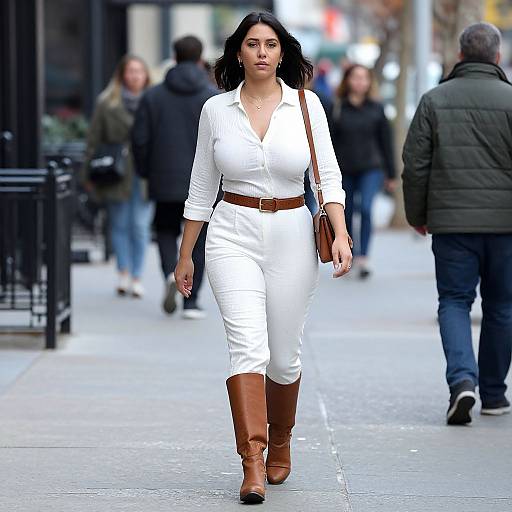 Photograph of a confident woman in white pants, white blouse, brown belt, and tan boots, walking on a city sidewalk with blurred pedestrians in the