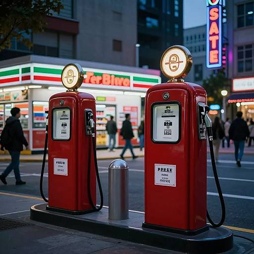 Photograph of two vintage red gas pumps with illuminated round lights, set on a city street at dusk. Neon 