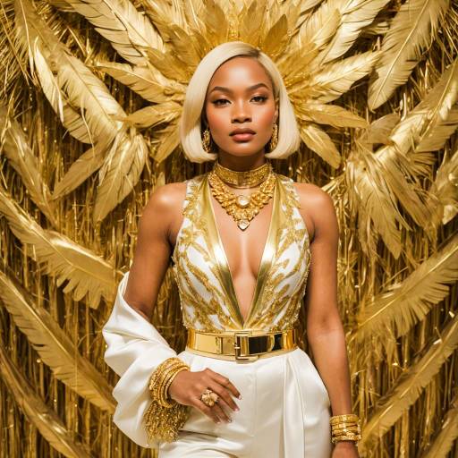 Elegant Woman in Gold Feathered Outfit