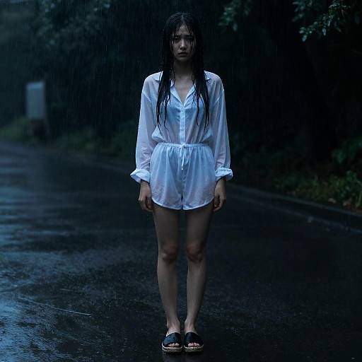 Photograph of a young woman with long, wet black hair, wearing a white, sheer, button-up shirt and black sandals, standing on a rainy