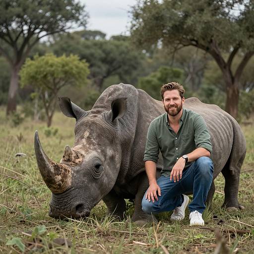 Man and Rhinoceros in Serene Nature
