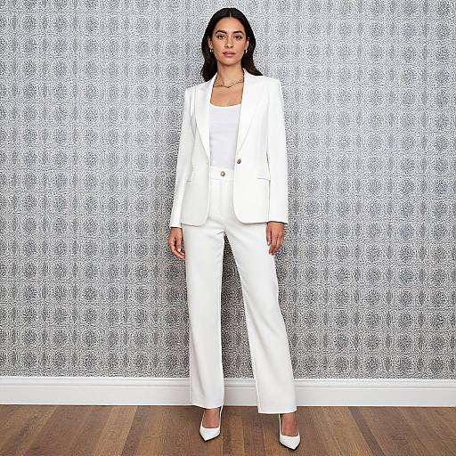 Photograph of a woman with medium brown skin and black hair, wearing a white blazer and pants, white blouse, and white high heels, standing