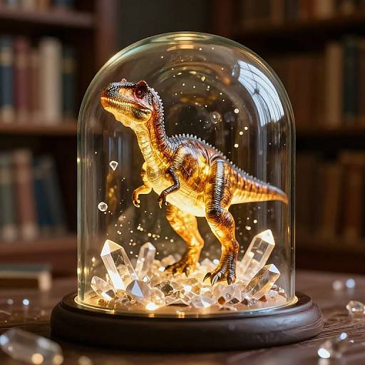 Photograph of a glowing, detailed, orange and black dinosaur figurine under a glass dome with crystal-like lights, on a wooden table in a dim
