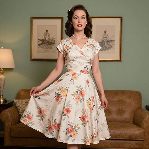 Photograph of a fair-skinned woman with dark brown hair in a floral, vintage-style, 1950s dress, standing in a green-w