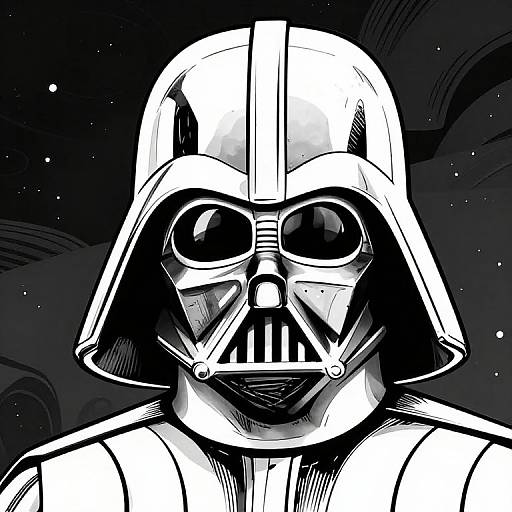 Black-and-white digital drawing of Darth Vader's head in a bold, comic-book style with stark contrasts, against a starry night background.