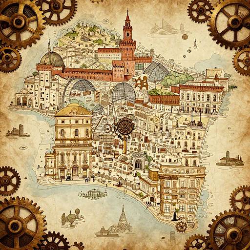 Vintage-style illustration of Venice with intricate line art, domes, and clockwork gears in the corners, on aged parchment paper.