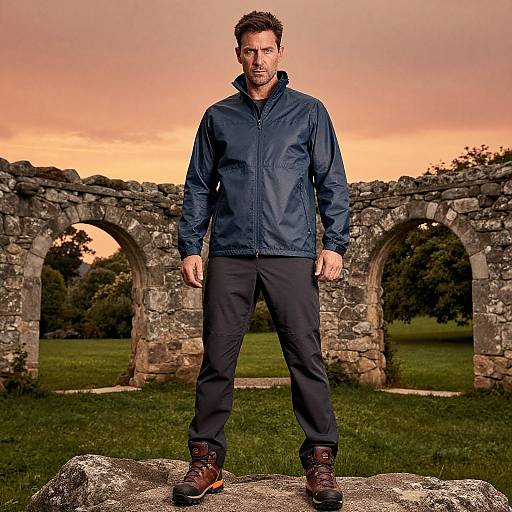 Photograph of a bearded man in a blue jacket, black pants, and brown boots standing on a rock in front of ancient stone arches with